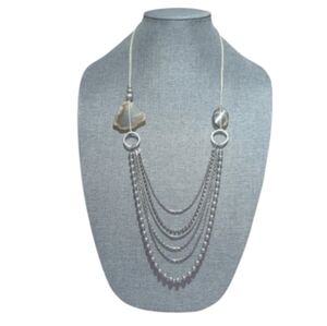 Elegant Silver-Tone Layered Faux Pearl & Rhinestone, Geo Rock Necklace